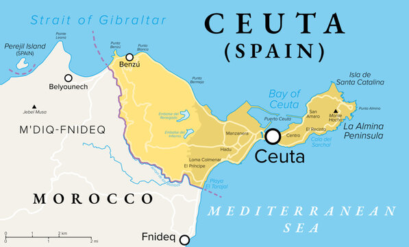 Ceuta, exclave of Spain, political map. Autonomous city on the North African coast along the Mediterranean Sea, bordered by Morocco. Special territory of members of the European Economic Area. Vector