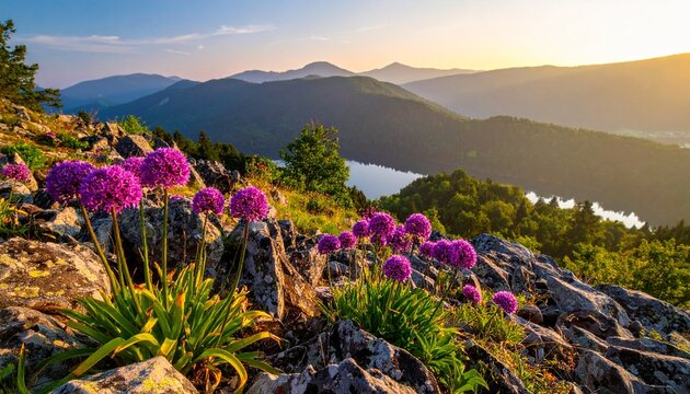 Stunning panoramic view of rocky mountain slopes with vibrant purple allium flowers and a serene lake reflecting the golden sunset light above.
