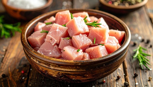 Fresh raw chicken breast meat cut into cubes in a rustic ceramic bowl with rosemary herbs and seasoning on a dark wooden kitchen background.