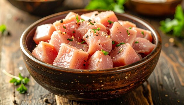 A rustic ceramic bowl filled with fresh raw cubed tuna meat seasoned with aromatic black pepper and fresh green herbs on a dark wooden table.
