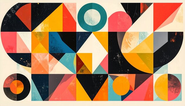 A vibrant abstract composition featuring various geometric shapes with a retro style texture perfect for modern design and artistic backgrounds.