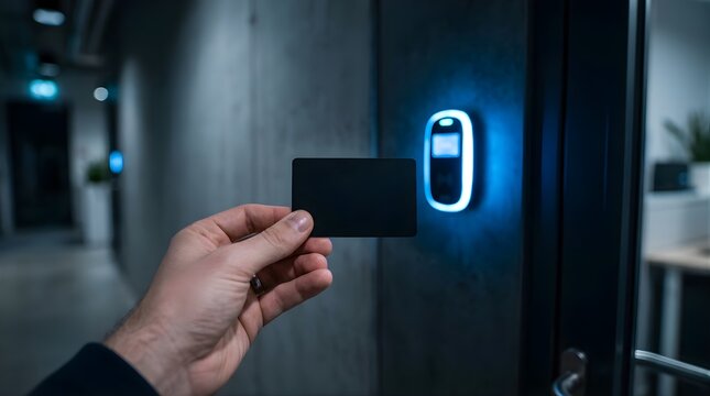 Person holding a black electronic key card at a secure office door lock