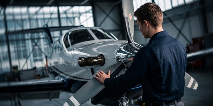 Aircraft mechanic standing beside private plane featuring propeller inspection, hangar maintenance work and aviation equipment, representing flight safety and technical expertise