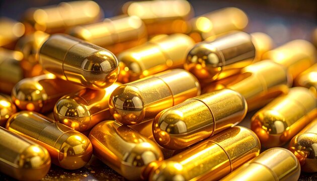 Macro view of luxury golden pill capsules arranged in a pile representing pharmaceutical health supplements and wellness industry concepts.