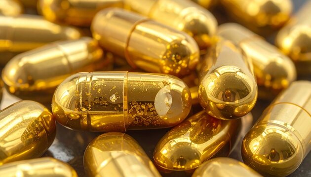 Close up macro shot of a collection of shiny golden capsules representing luxury pharmaceutical supplements and health wellness products.
