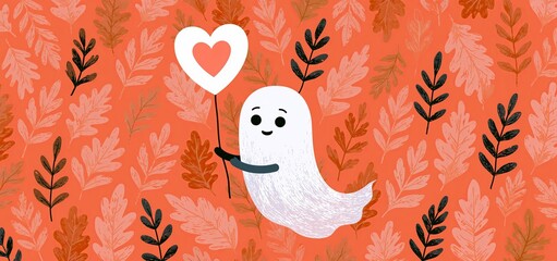 Obraz premium Charming Halloween ghost with a heart balloon surrounded by colorful autumn leaves for seasonal cards.
