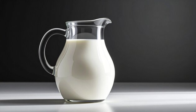 A crystal clear glass pitcher filled with fresh organic white milk sitting on a sleek surface with soft cinematic lighting and dark background.