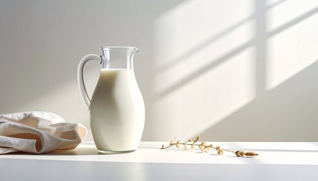 A beautiful glass pitcher filled with fresh organic white milk sitting on a rustic wooden table under soft natural morning sunlight shadows.