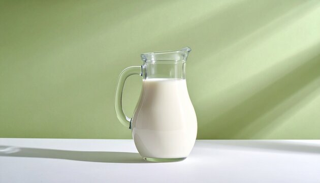 A minimalist glass pitcher filled with fresh organic white milk standing on a clean white surface against a soft pastel green background studio.