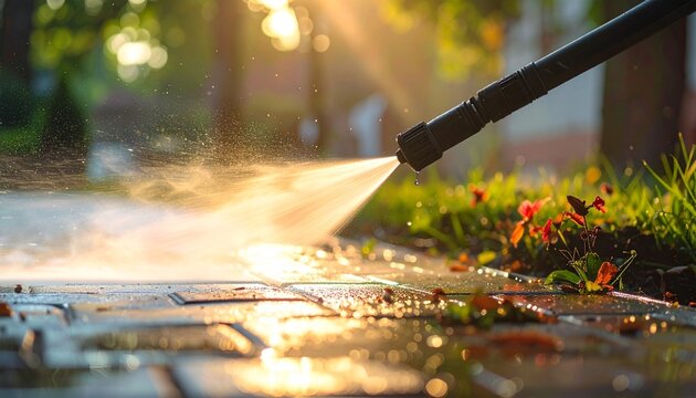 High pressure water spray cleaning stone patio tiles in a sunny garden setting with golden hour light and refreshing water mist droplets.