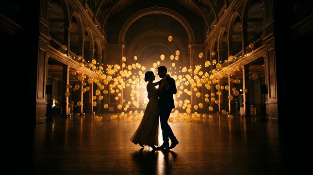 Silhouette of a wedding couple dancing surrounded by glowing balloons