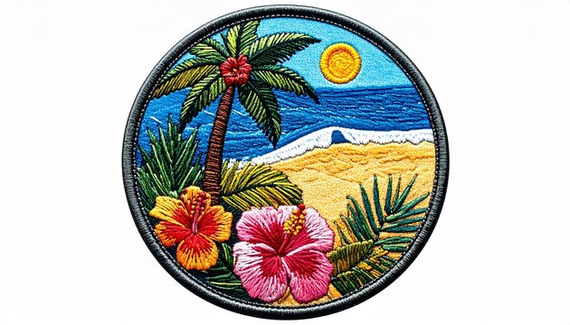 A detailed round embroidered patch featuring a vibrant tropical beach scene with palm trees flowers golden sun and deep blue ocean waves.