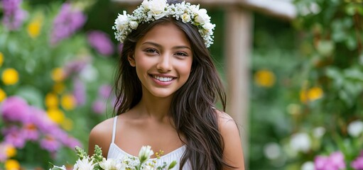 Obraz premium In a lush garden, a young Indian girl wearing a white dress and floral crown holds a bouquet, radiating joy.