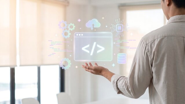 Software development and programming concept with code window, gears, cloud and database icons on hand for web coding, application engineering, api integration and digital technology innovation