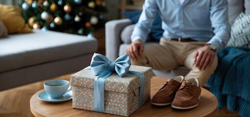 Obraz premium Cozy home decorated for Father’s Day with a stylish gift box and festive accents creating a joyful atmosphere.