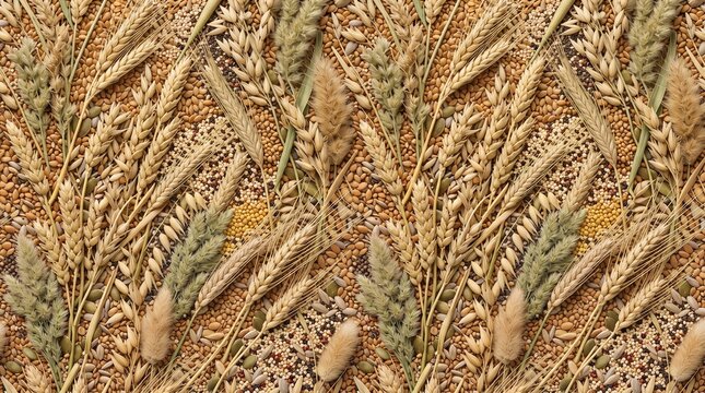 Botanical Seeds and Grain Seamless Pattern Background with Wheat Oats and Natural Textures
