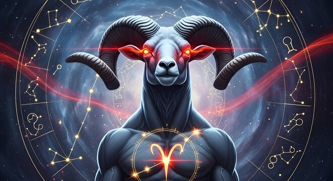A powerful, anthropomorphic ram with glowing red eyes and astrological symbols, representing the Aries zodiac sign.
