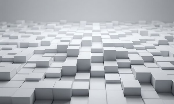 Abstract 3D render of a waving landscape made of repeating white geometric cubes with clean shadows. Ideal for crypto, tech, and data science backgrounds