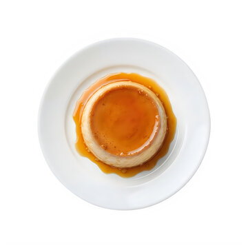 Top view of a delicious caramel custard flan dessert isolated on transparent background