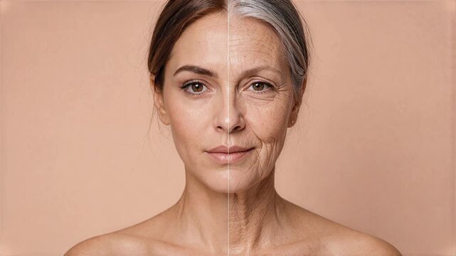 Split screen of a young and elderly woman's face. Woman's face and shoulders with visible signs of aging and graying hair