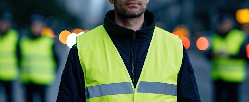 Vivid safety vests worn by alert officers in a bustling cityscape, highlighting professionalism and security priorities.