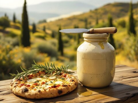 White pizza with rosemary and tuscan olive oil on a wooden table with tuscan hills landscape in the background during a sunny day. AI generated