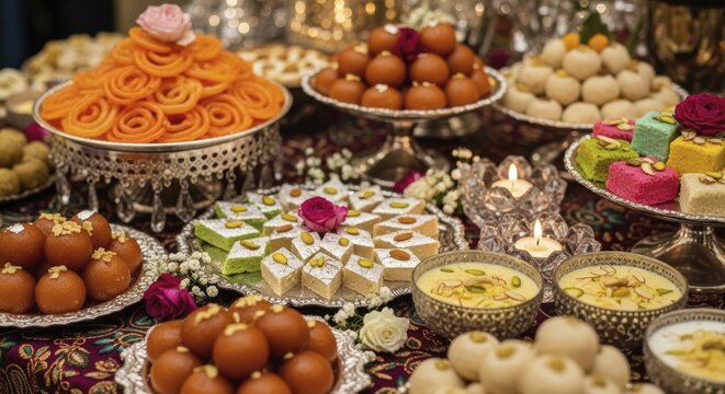 A lavish spread of traditional Indian mithai including gulab jamun, jalebi, barfi, and kheer served on ornate platters with decorative elements, AI generated