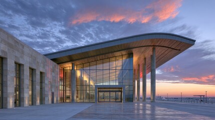 Fototapeta premium Modern architectural building exterior with large glass facade and curved roof supported by tall columns during vibrant sunset with dramatic sky and open space