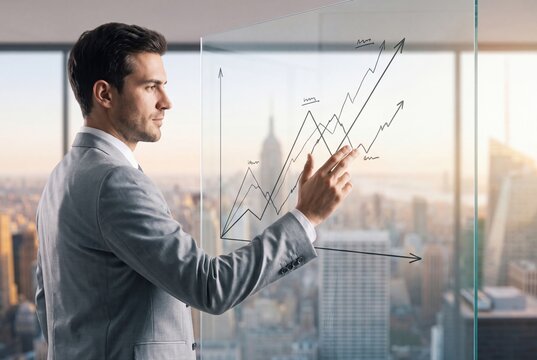 Businessman analyzing financial growth chart on glass in modern office