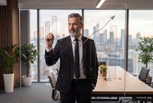 Businessman drawing growth chart on glass board corporate success