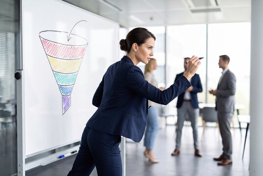 Businesswoman drawing sales funnel diagram on whiteboard in office