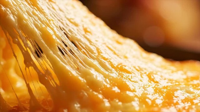 Hot melted cheese stretches into rich golden strands in an appetizing cinematic macro scene.