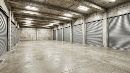 Obraz premium Empty storage unit warehouse with rolling metal doors