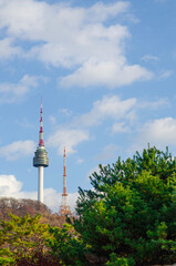 Obraz premium Namsan Tower and autumn leaves view in Seoul, South Korea