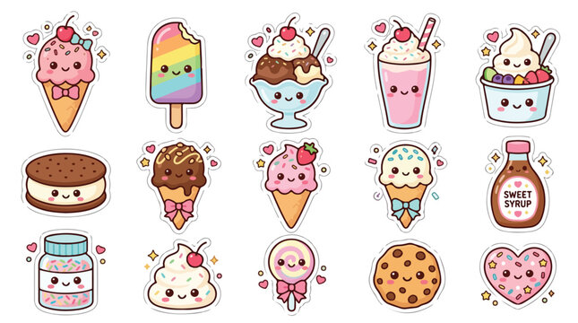 Kawaii ice cream sticker set, cute dessert characters with smiling faces, 15 colorful summer treat vector illustrations for scrapbooking