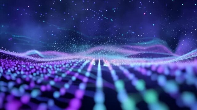 Glowing particles form a flowing digital wave in a futuristic widescreen technology background.