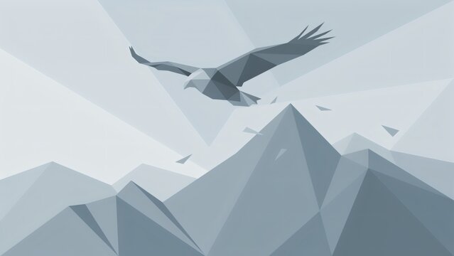 Minimalist low poly eagle gliding above angular mountain peaks in monochromatic blue geometric art style with rendered clean monochromatic soaring above sharp
