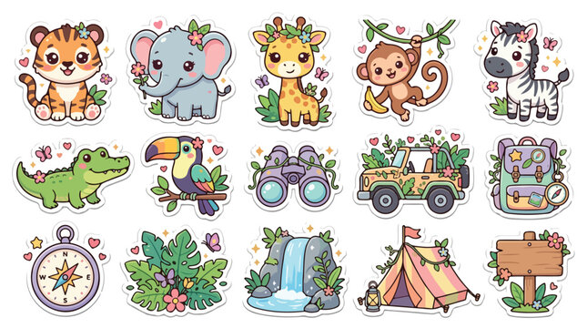Kawaii kitchen sticker set with cute cooking utensils, pastel culinary icons collection in Japanese chibi style, 12 vector baking elements for scrapbooking