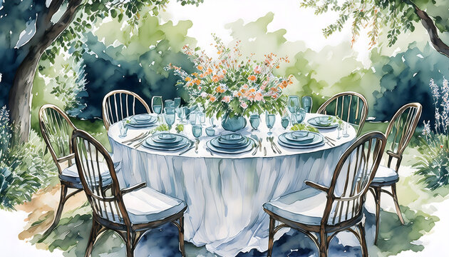 An elegantly set round dining table in a lush garden