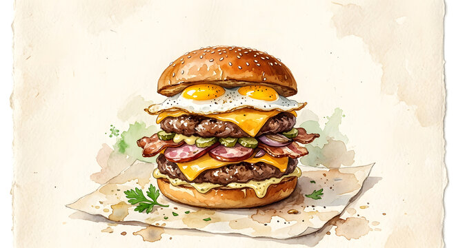A watercolor illustration of a double burger with fried eggs and cheese
