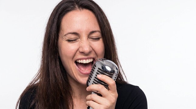 Passionate woman singing into vintage microphone for emotional wellness and creative expression