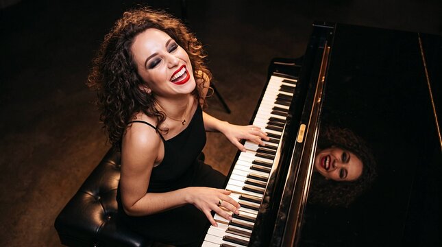 Laughing curly haired woman playing grand piano for creative wellness and joyful self expression