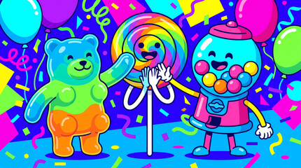 Naklejka premium Candy characters celebrating party with balloons and neon confetti