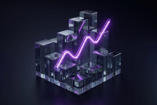 Glass bar chart with glowing neon line graph for financial growth