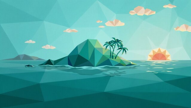 Abstract geometric tropical island landscape featuring low poly palm trees during a serene golden sunset with island surrounded turquoise displays stylized low