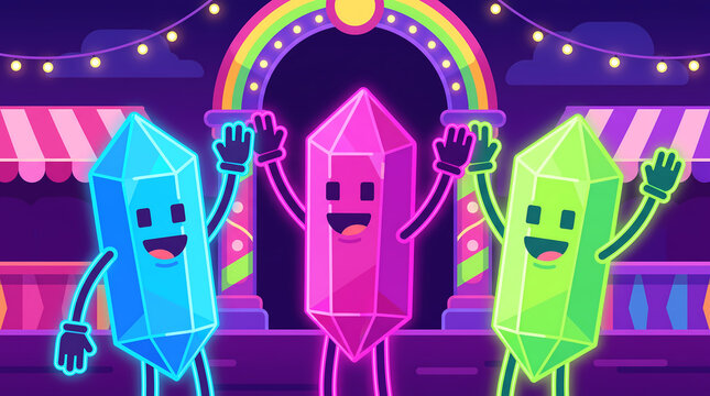 Rainbow gem candy mascots waving arms under glowing string lights