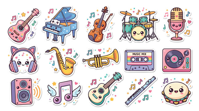 Kawaii musical instrument sticker set, cute cartoon music icons with smiling faces, pastel aesthetic vector collection for kids and scrapbooking