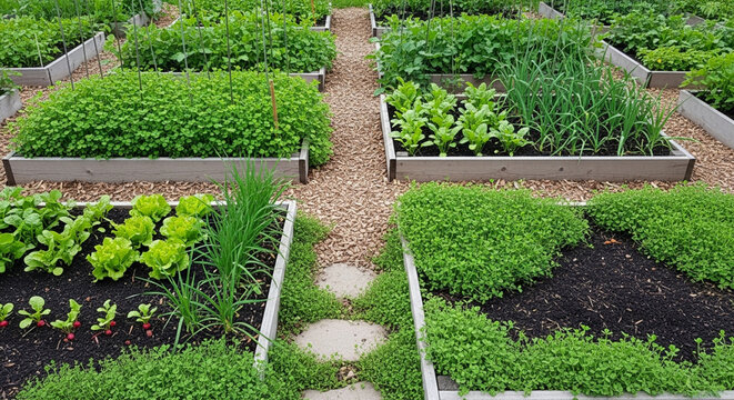 Organized geometric raised garden beds with fresh herbs