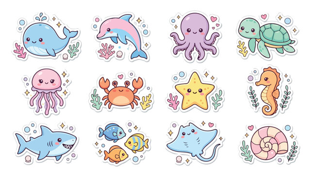 Kawaii sea animal sticker set, cute ocean creature vector illustrations, pastel marine life collection with whale, shark, and dolphin icons