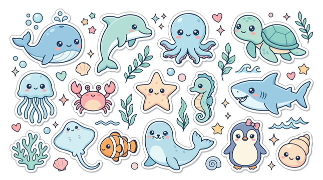 Kawaii ocean animal sticker set, 15 cute sea life vector icons, pastel mermaid and underwater creature illustrations for kids stationery
